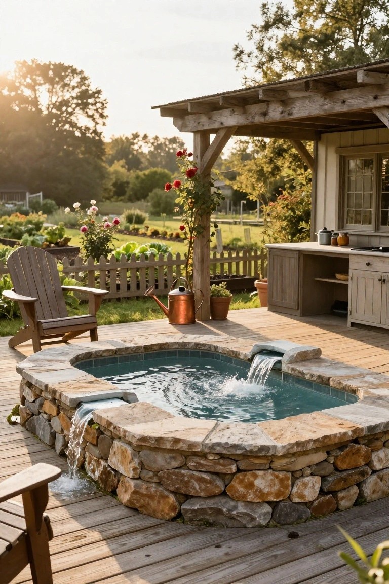 Wooden deck with a small turquoise hot tub featuring a stone surround and waterfall cascade, Adirondack chairs nearby, outdoor kitchen counter, and garden beds in the background.