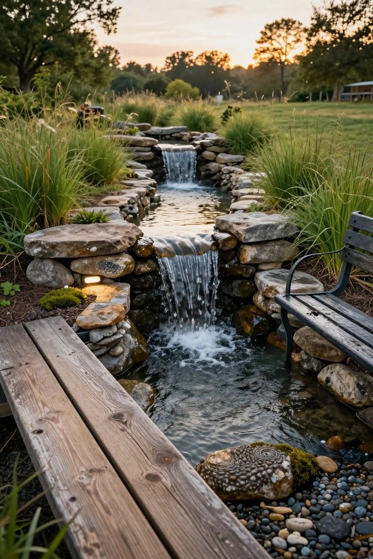 Winding garden stream lined with natural stones and small waterfalls, edged by tall grasses, with a wooden boardwalk and metal bench nearby in a grassy yard at dusk.