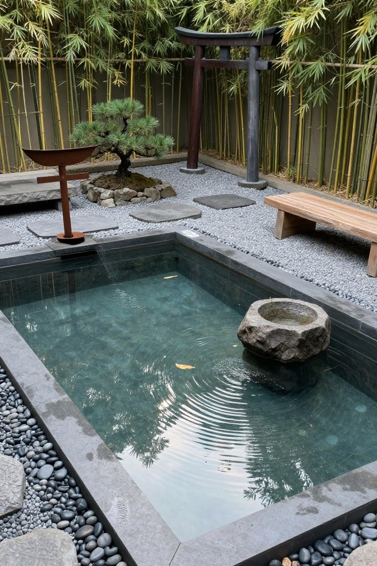 Small rectangular pool with clear greenish water and a large rough stone basin fountain in the center creating ripples, surrounded by black pebbles, gravel ground, stepping stones, wooden bench, bonsai tree on a stand, bamboo fencing, and torii gate structure.