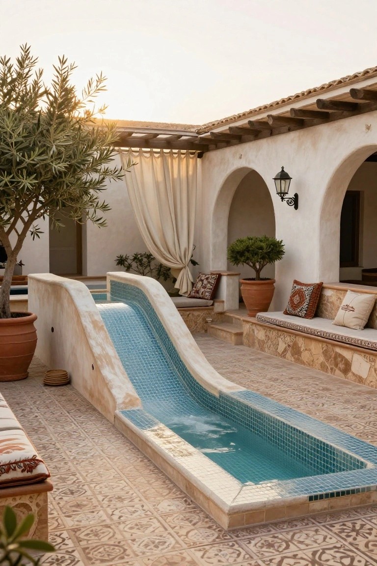 Sunlit outdoor courtyard featuring a curved blue mosaic-tiled slide leading into a rectangular turquoise-tiled plunge pool, with white stucco walls, arches, built-in benches with cushions, olive tree, terracotta pots, and patterned tile flooring.