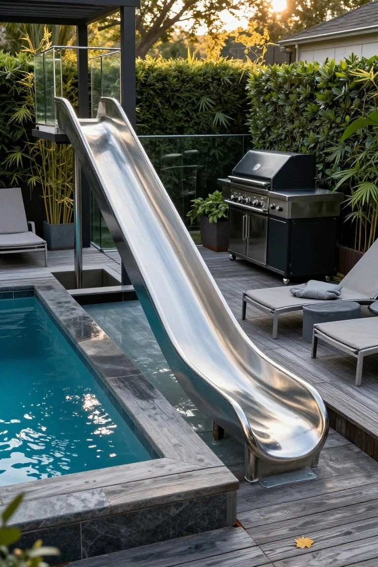 Stainless steel slide extending from a wooden deck directly into a turquoise lap pool, with lounge chairs, a barbecue grill, potted plants, and bamboo screens nearby.
