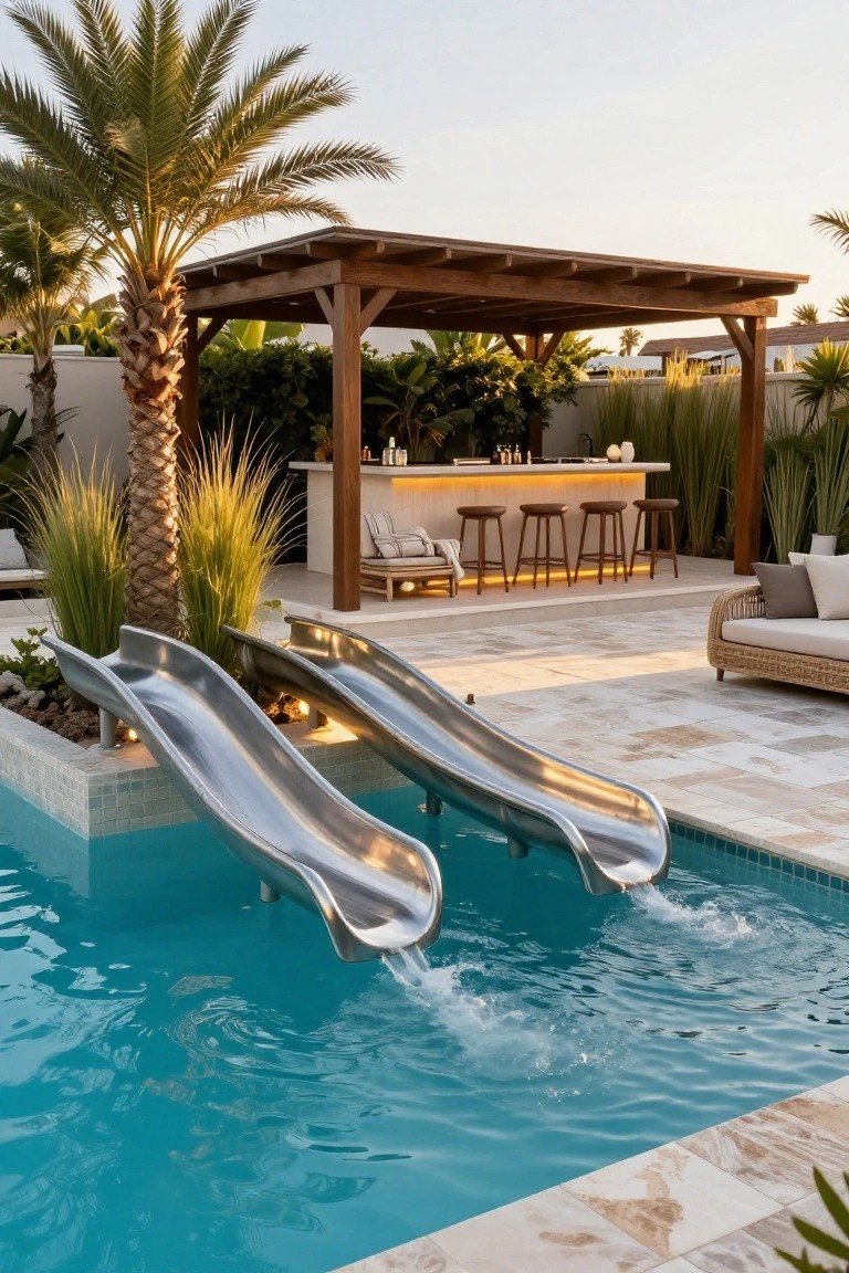 Turquoise pool with two curved stainless steel slides entering the water, wooden pergola bar with stools, palm trees, tall grasses, and rattan seating on tiled patio.