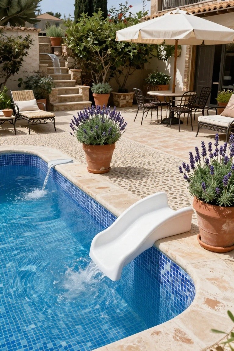 Blue mosaic-tiled pool with white slide on curved stone edge, surrounded by terracotta pots of lavender, lounge chairs, dining table and chairs on pebble stone patio near house with stairs and plants.