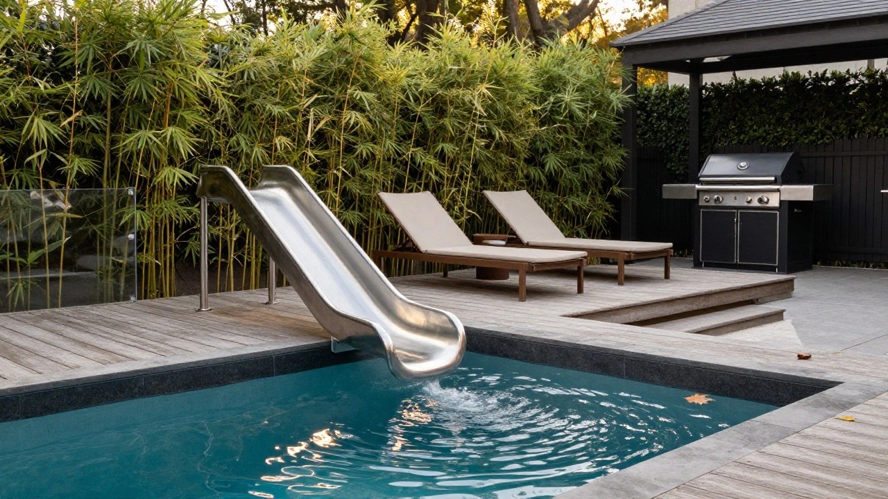 Stainless steel slide extending from a wooden deck directly into a turquoise lap pool, with lounge chairs, a barbecue grill, potted plants, and bamboo screens nearby.