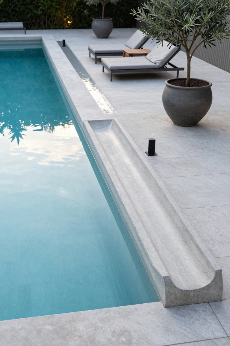 A rectangular swimming pool with a smooth gray concrete half-pipe slide integrated into the edge, tiled gray decking, two lounge chairs with cushions, potted olive trees, and surrounding greenery and fencing.