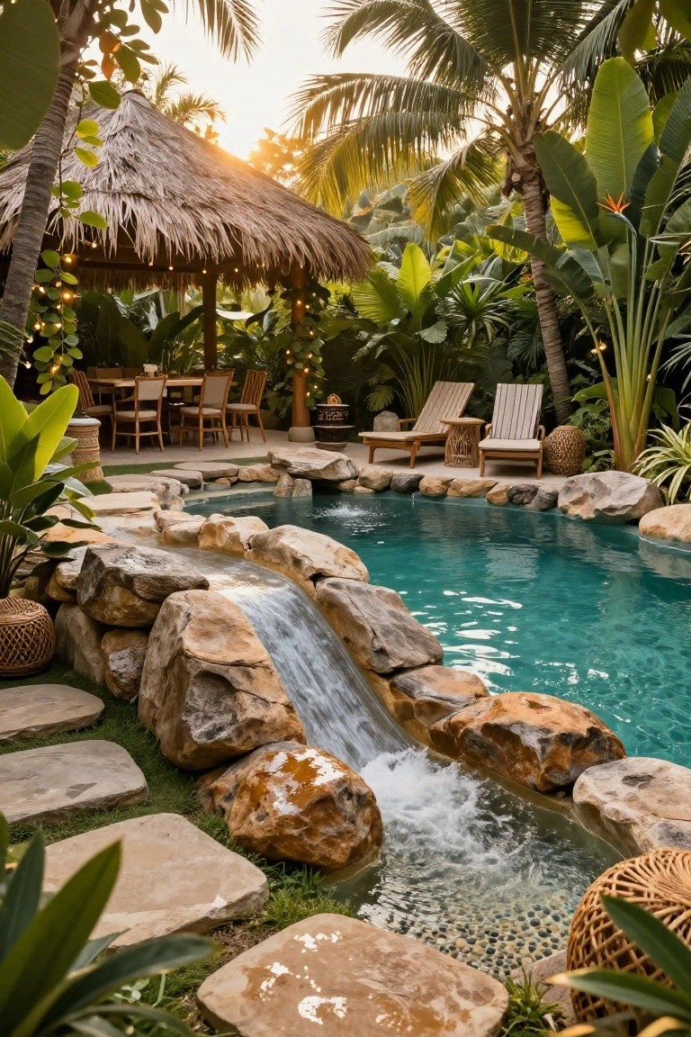 Tropical outdoor pool with a stacked rock waterfall sliding into turquoise water, surrounded by palm trees, lush plants, a thatched pavilion with dining table and chairs, loungers, and stone stepping paths.
