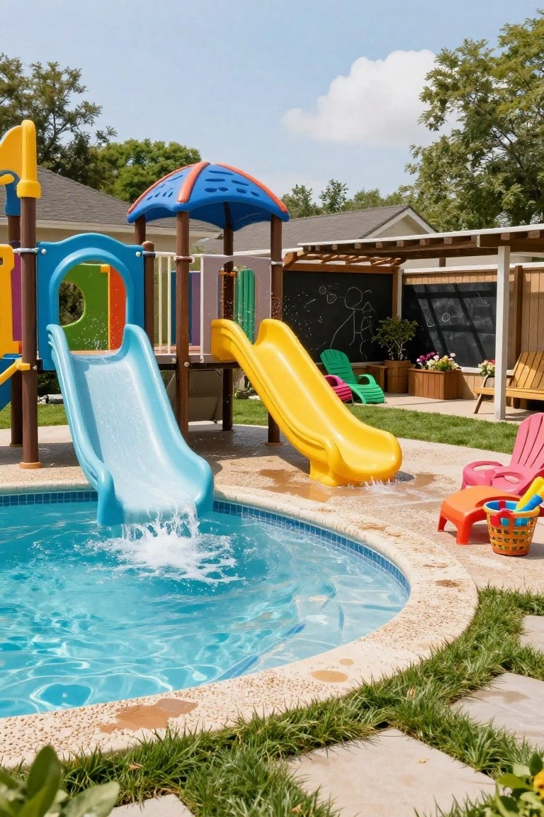 A small round backyard pool with blue and yellow plastic slides from a colorful playground structure leading directly into the water, surrounded by lounge chairs, toys, and grass on a stone patio.