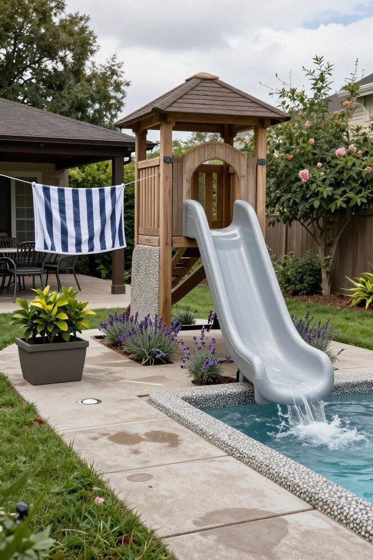 Wooden playset tower with arched entry and gray slide emptying directly into a turquoise backyard pool, with surrounding patio, plants, and laundry on a line nearby.
