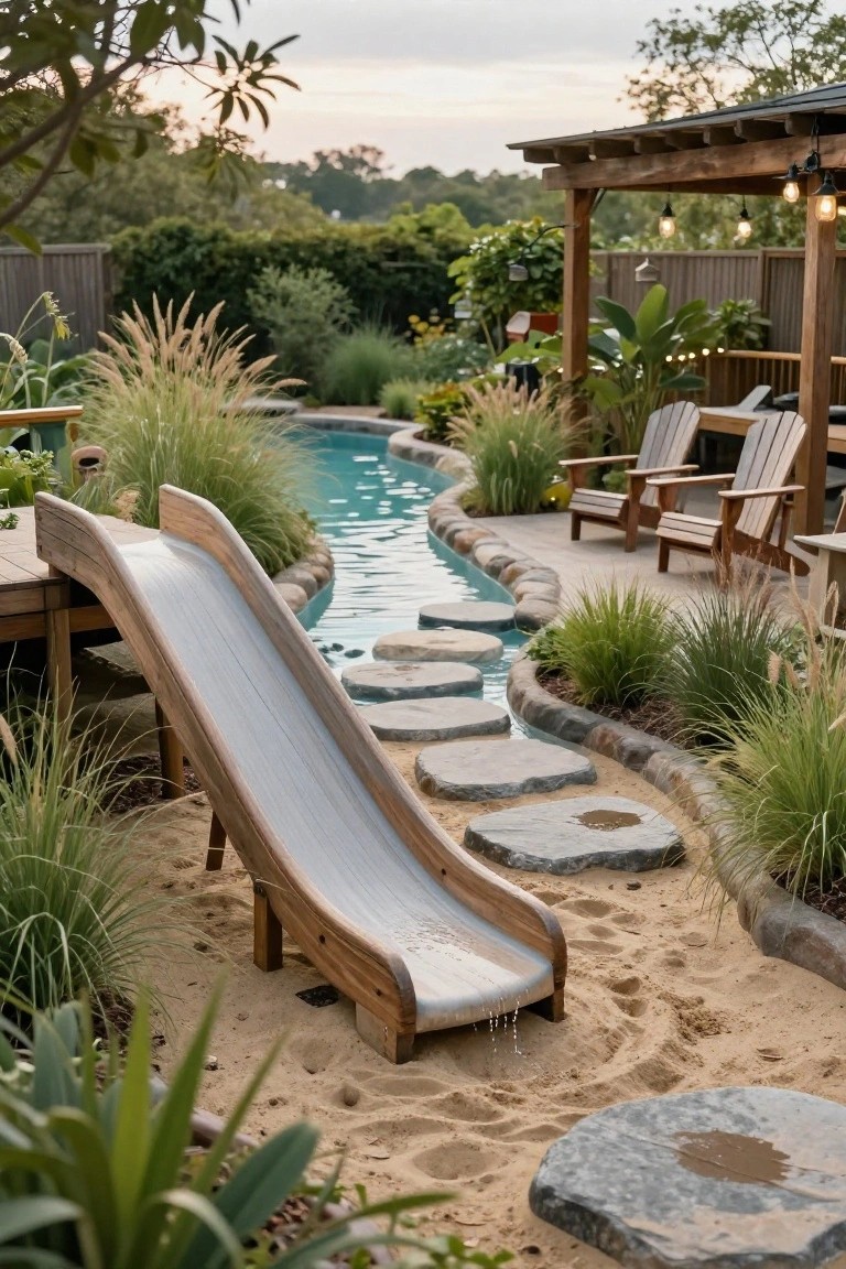 Wooden slide from a deck into a turquoise curved pool with sandy beach entry, natural stone stepping stones, tropical plants, and Adirondack chairs on a nearby patio.