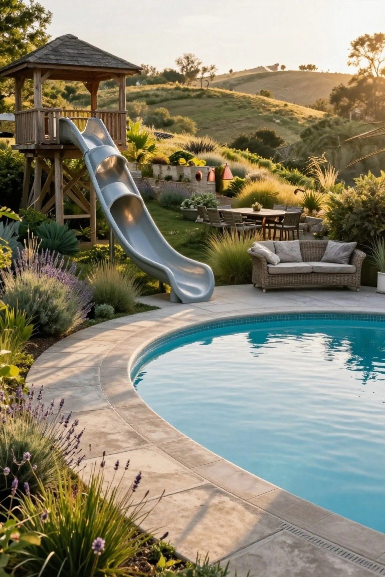 Wooden play tower with double gray slide positioned next to a curved turquoise pool surrounded by landscaping, potted plants, outdoor seating, and hillside views at sunset.