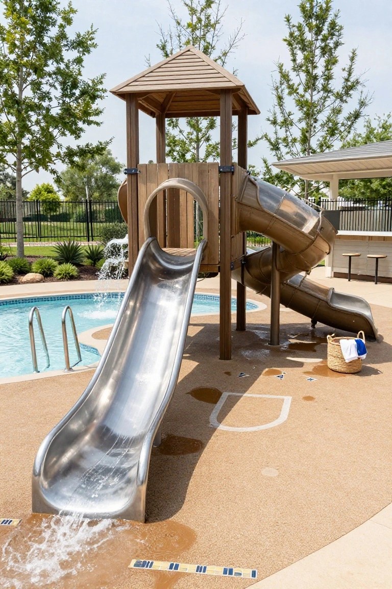 Wooden play tower with peaked roof and two curved stainless steel slides positioned next to an inground pool on a tan splash pad surrounded by landscaping and trees.