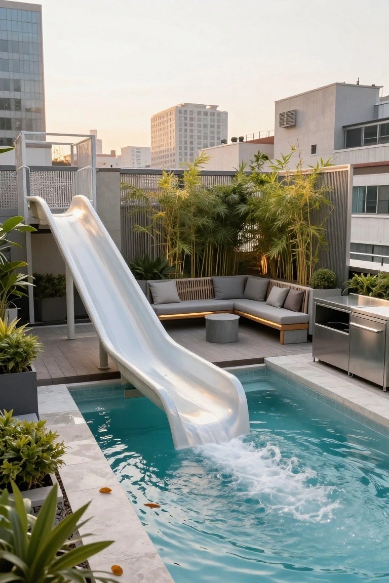 Rooftop terrace with a tall white slide emptying into a turquoise in-ground pool, surrounded by bamboo plants, L-shaped outdoor sofa, and stainless steel cabinets against a city skyline at sunset.