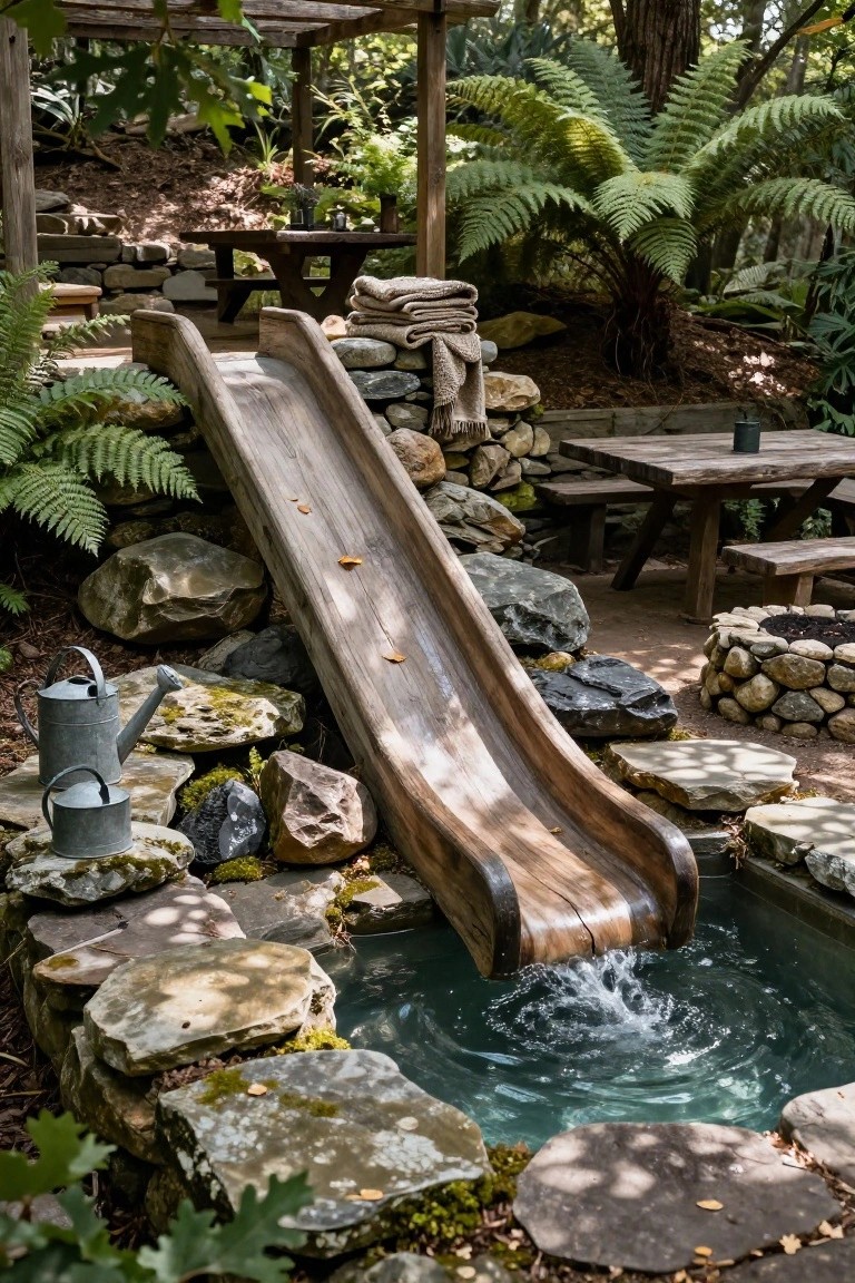 Wooden slide descending into a small turquoise pool lined with stones and moss, surrounded by ferns, rocks, picnic tables, benches, and a fire pit in a garden with trees.