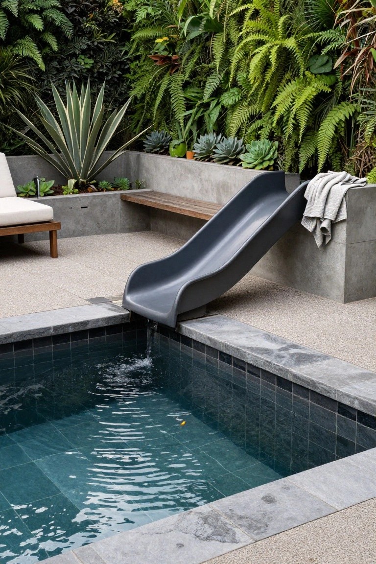 Small rectangular pool with dark tiles and rippling blue-green water, gray curved slide emptying into one end, surrounded by concrete hardscaping, potted succulents, wooden bench, lounge chair, and dense green plant wall.
