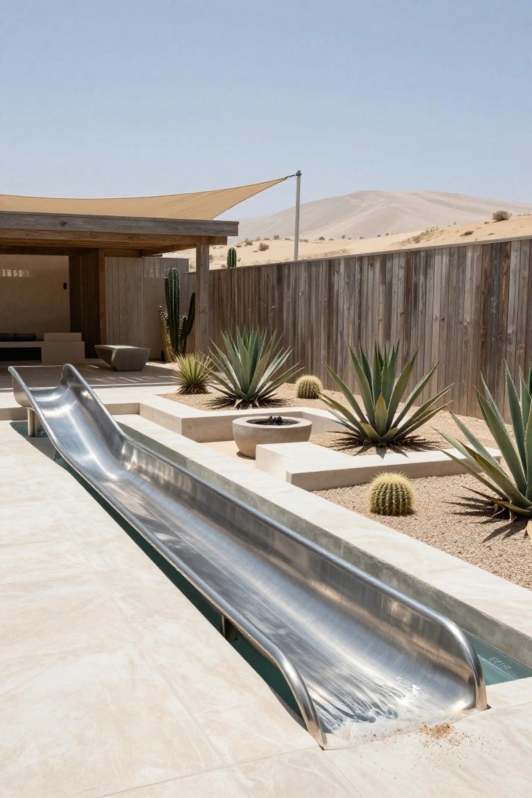 Long stainless steel slide next to a pool in a desert landscape with agave plants, barrel cacti, a fire pit, stone platforms, wooden fence, and sand dunes in the background.