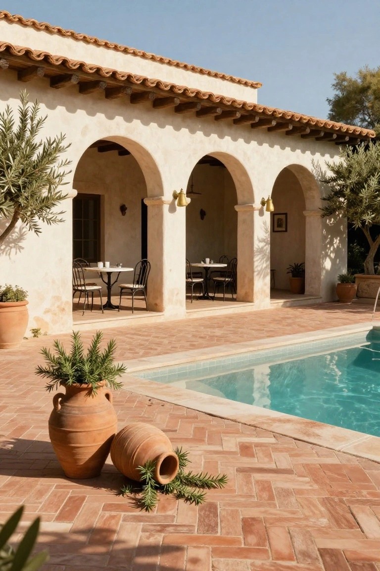 White stucco building with three rounded arches and outdoor dining tables on a brick-paver terrace next to a zero-entry turquoise pool, with large terracotta pots and olive trees nearby.