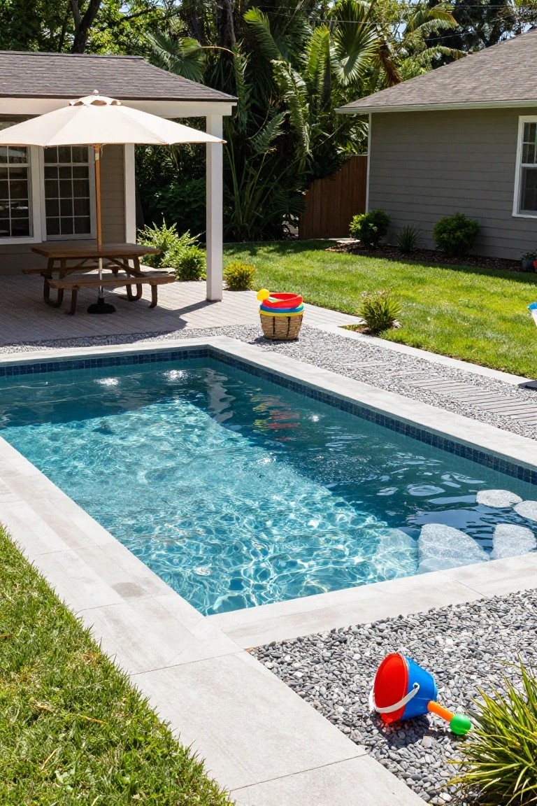 Rectangular blue-tiled plunge pool with zero-entry edge in a backyard, adjacent to concrete patio with wooden picnic table and beige umbrella, gravel surround, grass lawn, and scattered children's pool toys.
