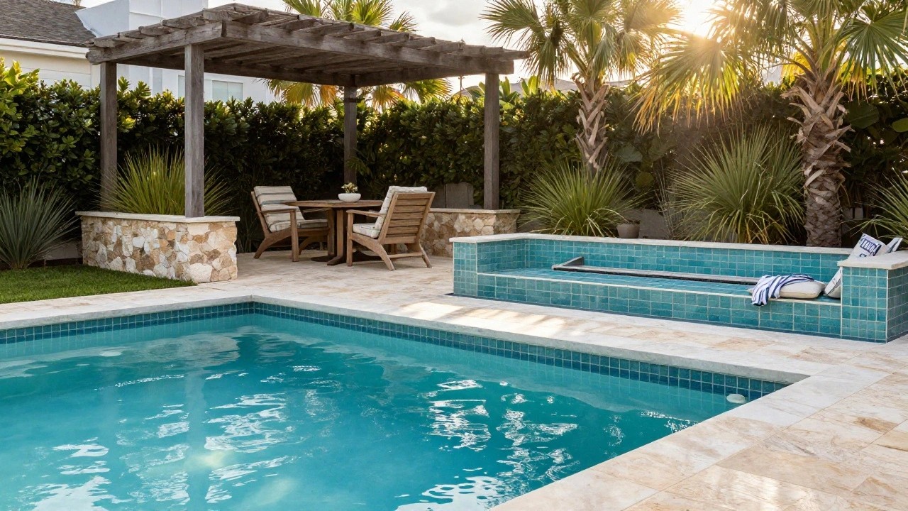 A turquoise rectangular zero-entry pool adjacent to beige travertine decking, with wooden striped loungers, pampas grass planters, potted plants, outdoor dining chairs under a wooden pergola, and a tall palm tree nearby at sunset.