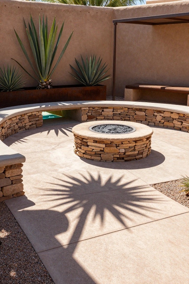 Curved low stone bench encircling a round stone fire pit on a beige tiled patio next to a zero-entry pool, with agave plants in rusted metal planters against tan adobe walls and palm tree shadows on the ground.