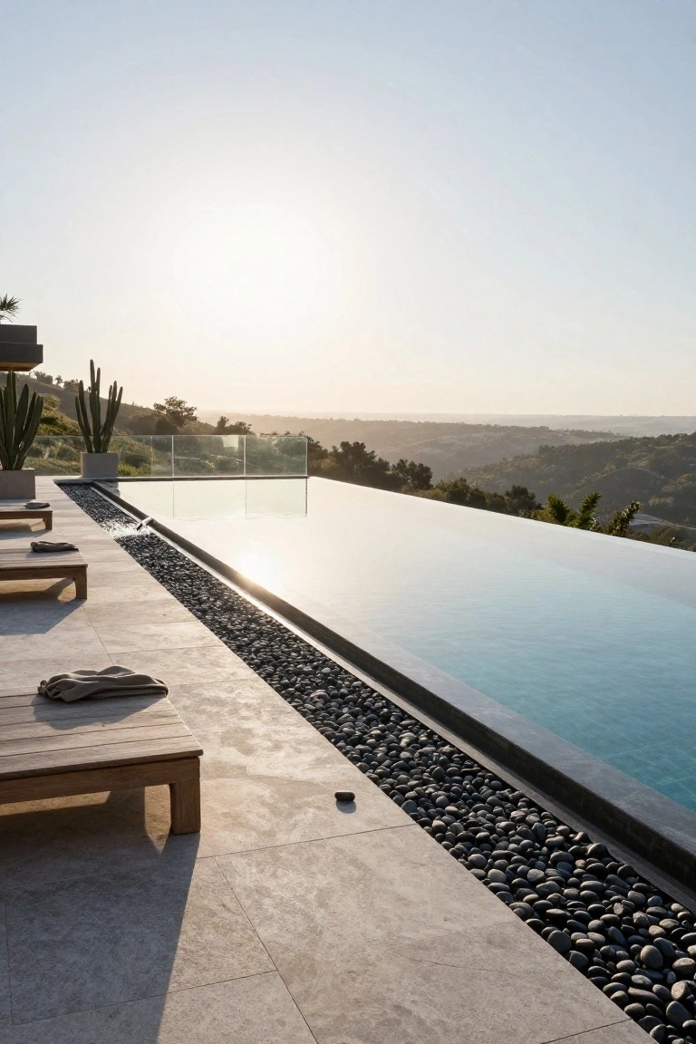 Infinity-edge swimming pool on a terrace deck edged with black pebbles, flanked by lounge chairs and potted cacti, overlooking hills at sunset.