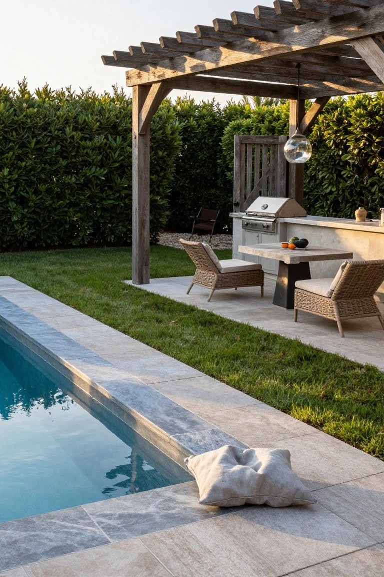 Zero-entry swimming pool with turquoise water flush against gray stone deck tiles, next to an outdoor kitchen featuring a grill, stone bar, and square table with two wicker chairs under a wooden pergola, bordered by green lawn and hedges.