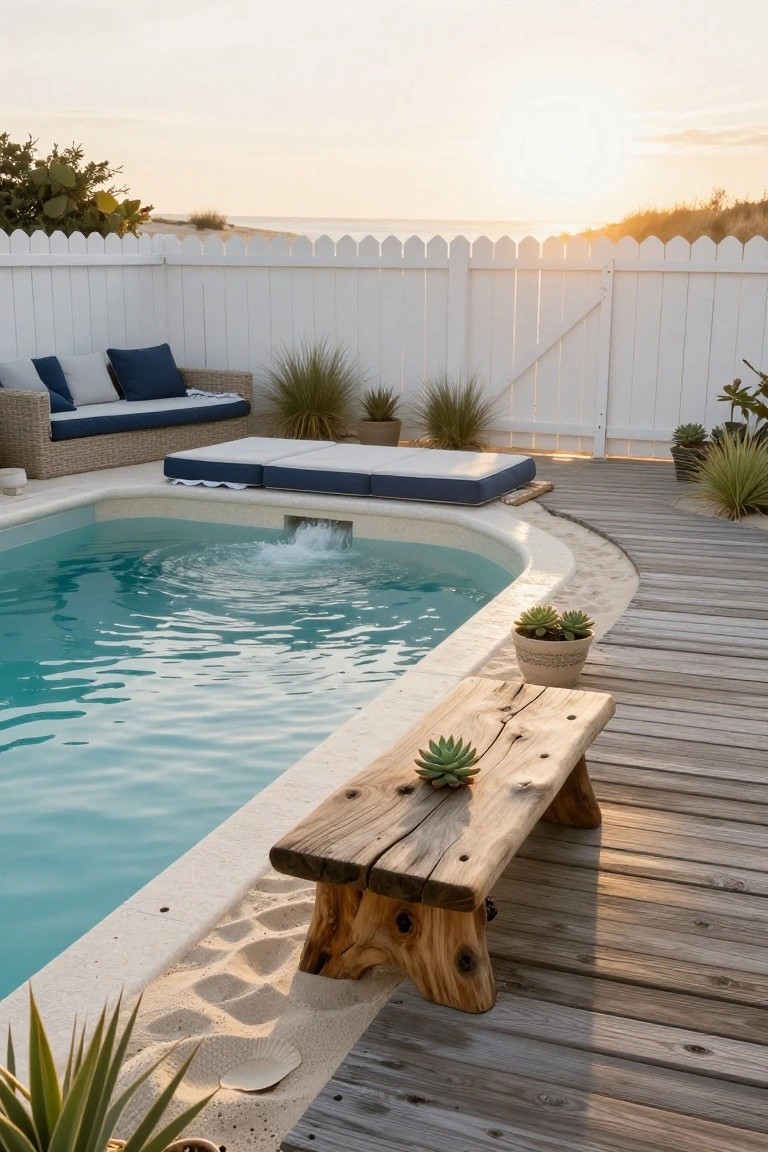 Turquoise zero-entry pool with sand-textured edge and fountain, wooden bench with succulents, rattan seating, plants, white picket fence, and beach view at sunset.