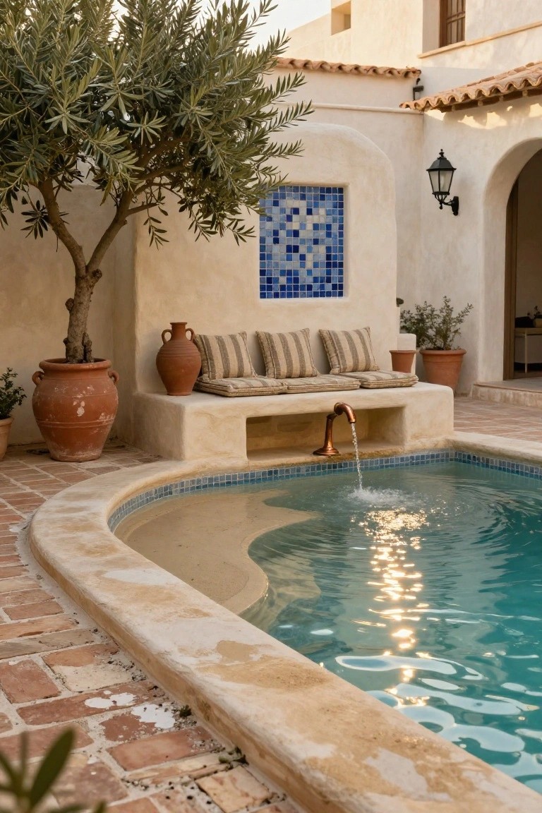 Curved zero-entry swimming pool with sand-colored edge sloping into turquoise water, olive tree, large terracotta pots, built-in bench with striped cushions, copper faucet, and blue mosaic tiled wall in stucco courtyard.