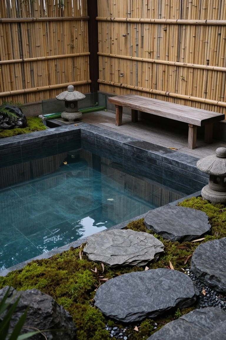 Small rectangular pool with dark tiles and clear blue water, edged by mossy landscaping and flat black stepping stones, stone lanterns, wooden bench nearby, and bamboo fencing enclosure.