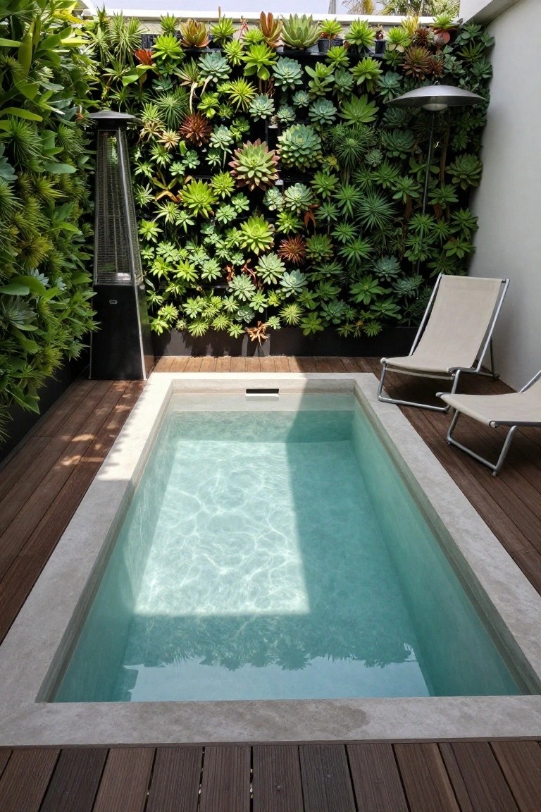 Small rectangular zero-entry pool with light blue water and stone coping surrounded by wooden deck, two beige loungers, a tall patio heater, and dense vertical succulent plantings on white walls in a compact courtyard.