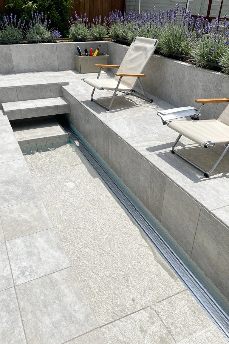 Gray stone patio surrounding a shallow zero-entry pool with clear water, two beige folding lounge chairs positioned nearby, and lavender plants in raised beds along the edge.