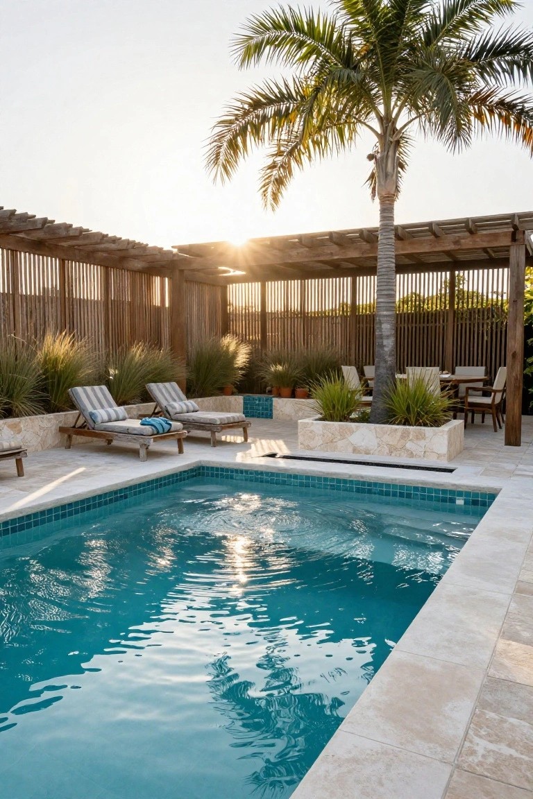 A turquoise rectangular zero-entry pool adjacent to beige travertine decking, with wooden striped loungers, pampas grass planters, potted plants, outdoor dining chairs under a wooden pergola, and a tall palm tree nearby at sunset.
