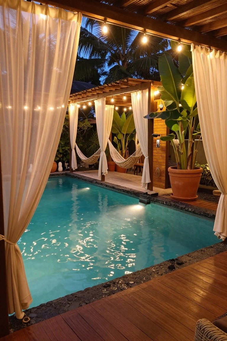 Nighttime photo of a rectangular zero-entry swimming pool with turquoise water adjacent to a wooden deck, surrounded by sheer curtains on a pergola structure, hanging hammocks, potted plants, banana trees, and string lights.