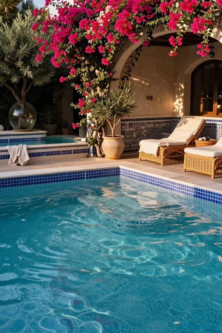 Turquoise pool with zero-entry design and blue mosaic tiled edge, adjacent tiled deck with two wicker lounge chairs and towels, terracotta pots with plants, olive tree, and pink bougainvillea archway on beige stucco wall.
