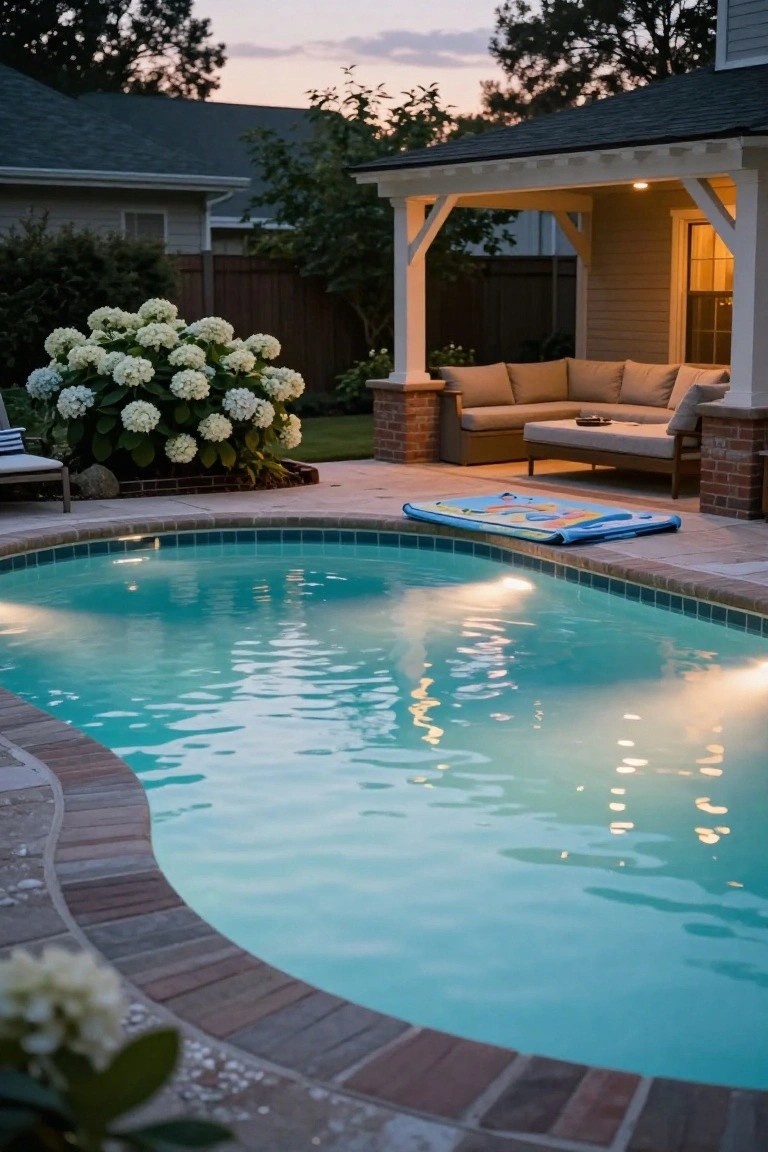 Backyard pool with zero-entry design sloping gently from brick patio into turquoise water, adjacent to beige outdoor sofa under covered porch, large white hydrangea bushes nearby, and blue float on pool edge at dusk.