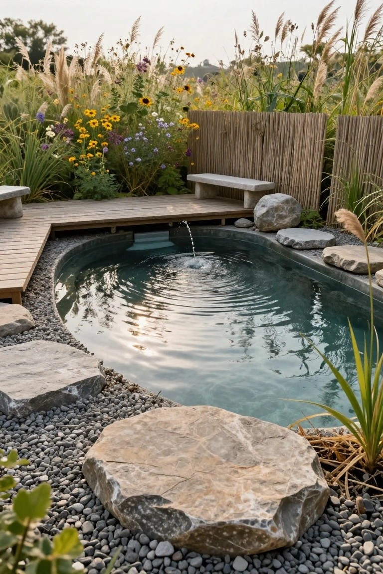 Small oval zero-entry pool with turquoise water and central fountain on wooden deck, edged by natural boulders, flat stones, pebbles, and surrounded by plants and bamboo fencing.