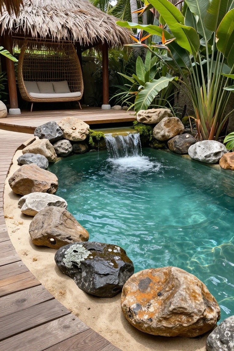 Small turquoise zero-entry pool edged with large natural rocks and featuring a waterfall, surrounded by wooden decking and tropical plants under a thatched structure.