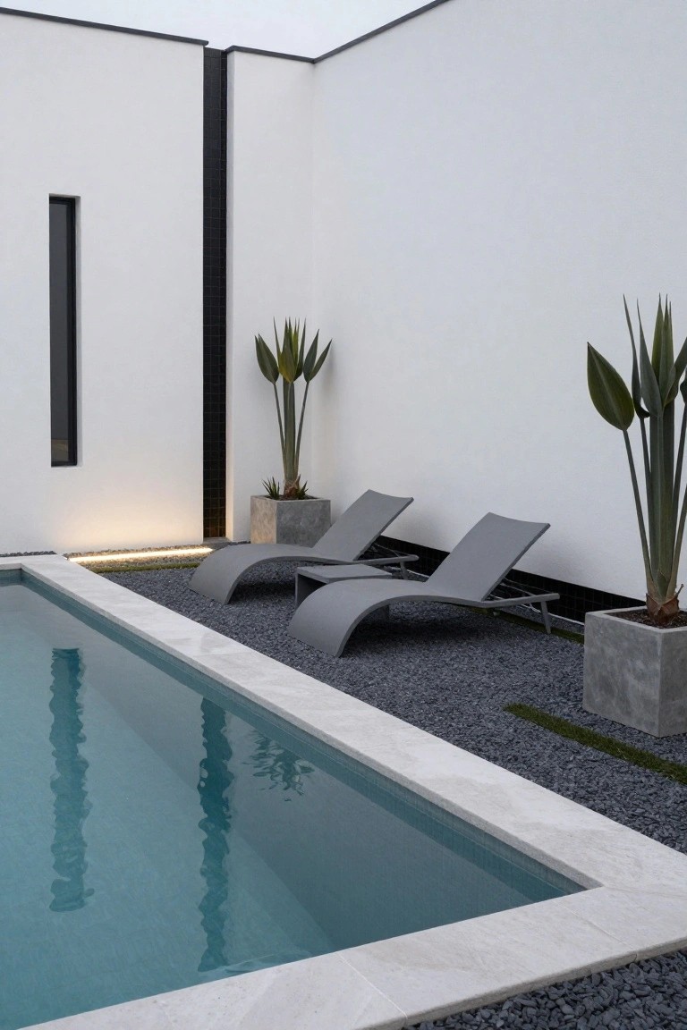 A zero-entry swimming pool with turquoise water meeting white marble coping, two gray curved lounge chairs on black pebble decking, tall plants in concrete pots next to white walls and black accents.