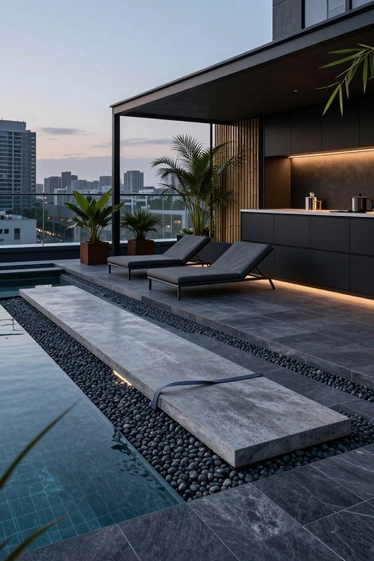 Rooftop infinity pool with gray stone slab zero-entry platform edged in black pebbles, two lounge chairs, potted plants, outdoor kitchen cabinets, and city buildings in the background at dusk.