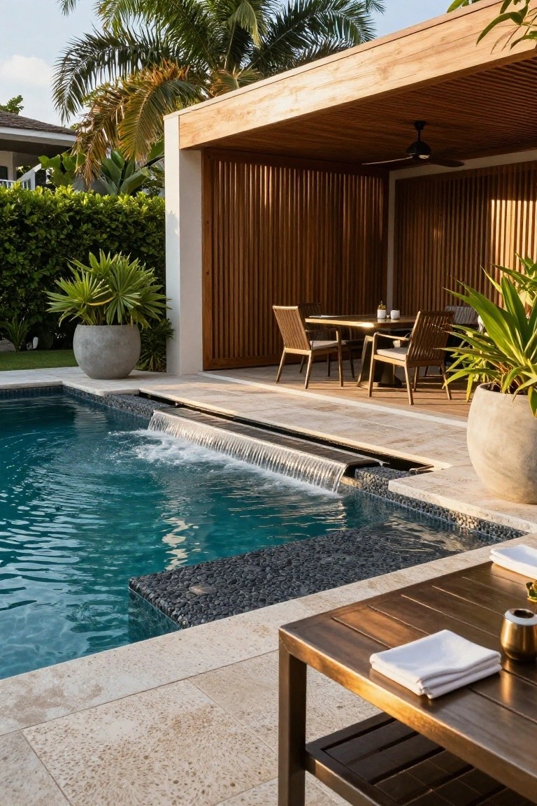 Outdoor wooden pergola with dining table and chairs next to a zero-entry swimming pool featuring a black pebble edge and waterfall into turquoise water, surrounded by potted plants and tropical landscaping.