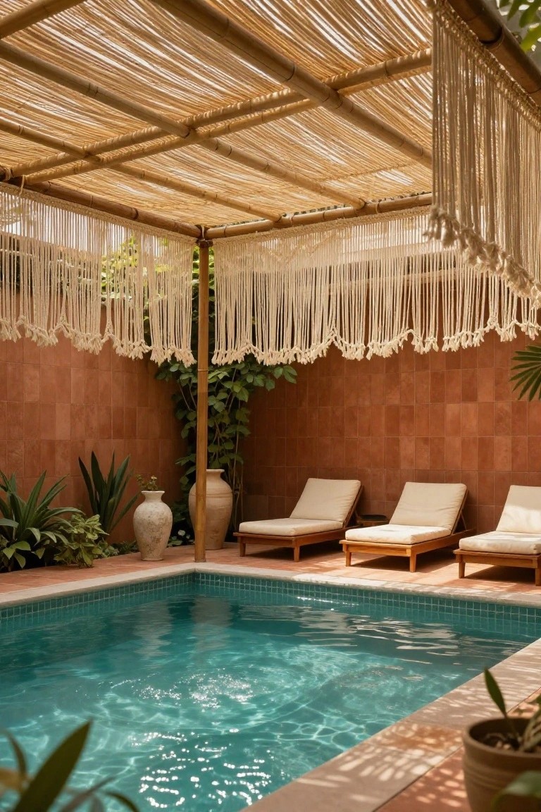 20 Practical Pool Shade Canopy Ideas For Hot Summer Days Small turquoise-tiled pool with three white lounge chairs nearby under a bamboo pergola roof draped with white macrame curtains, set against terracotta walls with potted plants and greenery.