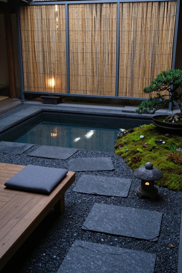 20 Practical Pool Shade Canopy Ideas For Hot Summer Days Small rectangular pool in a walled courtyard with tall bamboo screens, black stone paths and gravel, wooden bench with gray cushion, bonsai tree in pot, stone lantern, and moss-covered garden mounds.