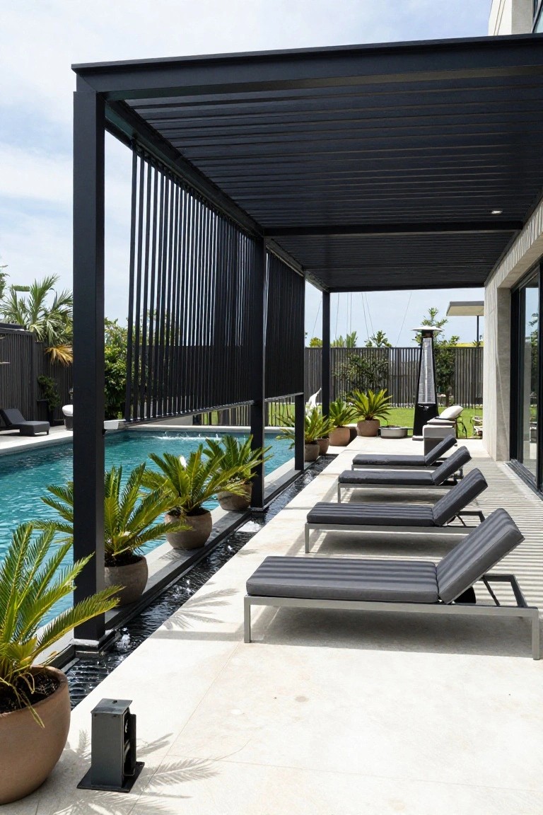 20 Practical Pool Shade Canopy Ideas For Hot Summer Days Black metal pergola with louvered roof and vertical slats shading a row of gray lounge chairs on a light stone poolside deck next to a turquoise pool, with potted plants along the edge.