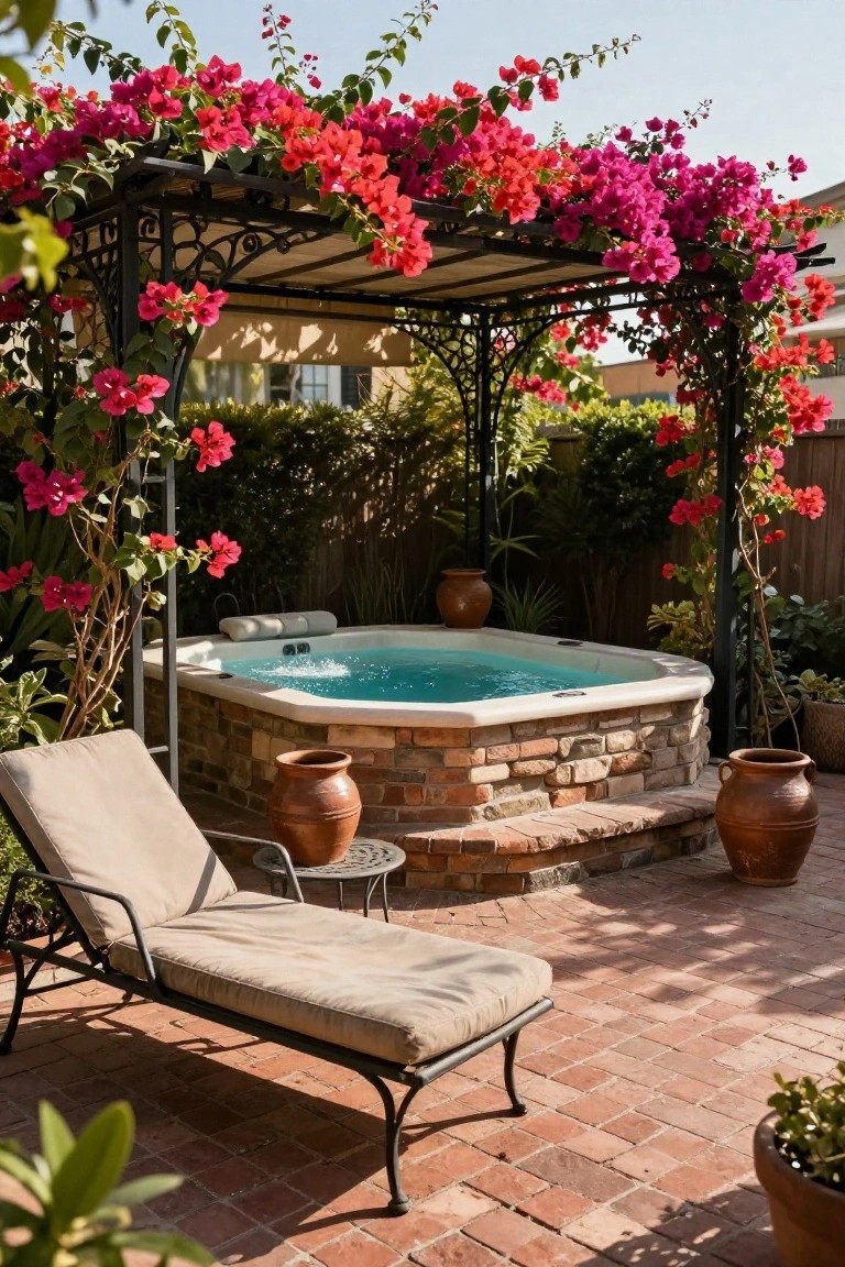20 Practical Pool Shade Canopy Ideas For Hot Summer Days Backyard hot tub in brick surround under black wrought iron pergola covered with pink bougainvillea vines, lounge chair on brick patio nearby, potted plants and greenery around.