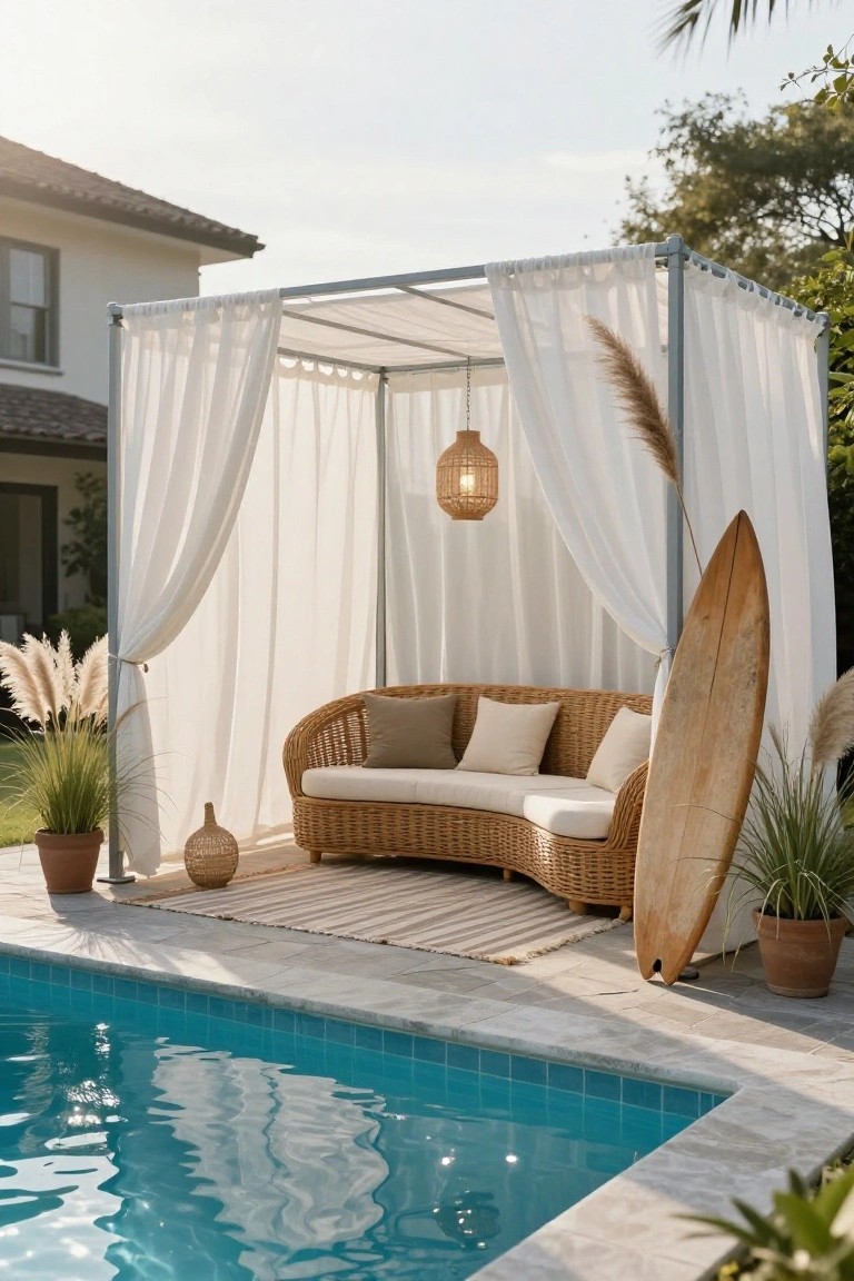 20 Practical Pool Shade Canopy Ideas For Hot Summer Days White sheer curtains draped on a metal-frame canopy sheltering a curved rattan sofa with beige cushions next to an in-ground pool, featuring potted plants, pampas grass, a surfboard, and a hanging lantern.