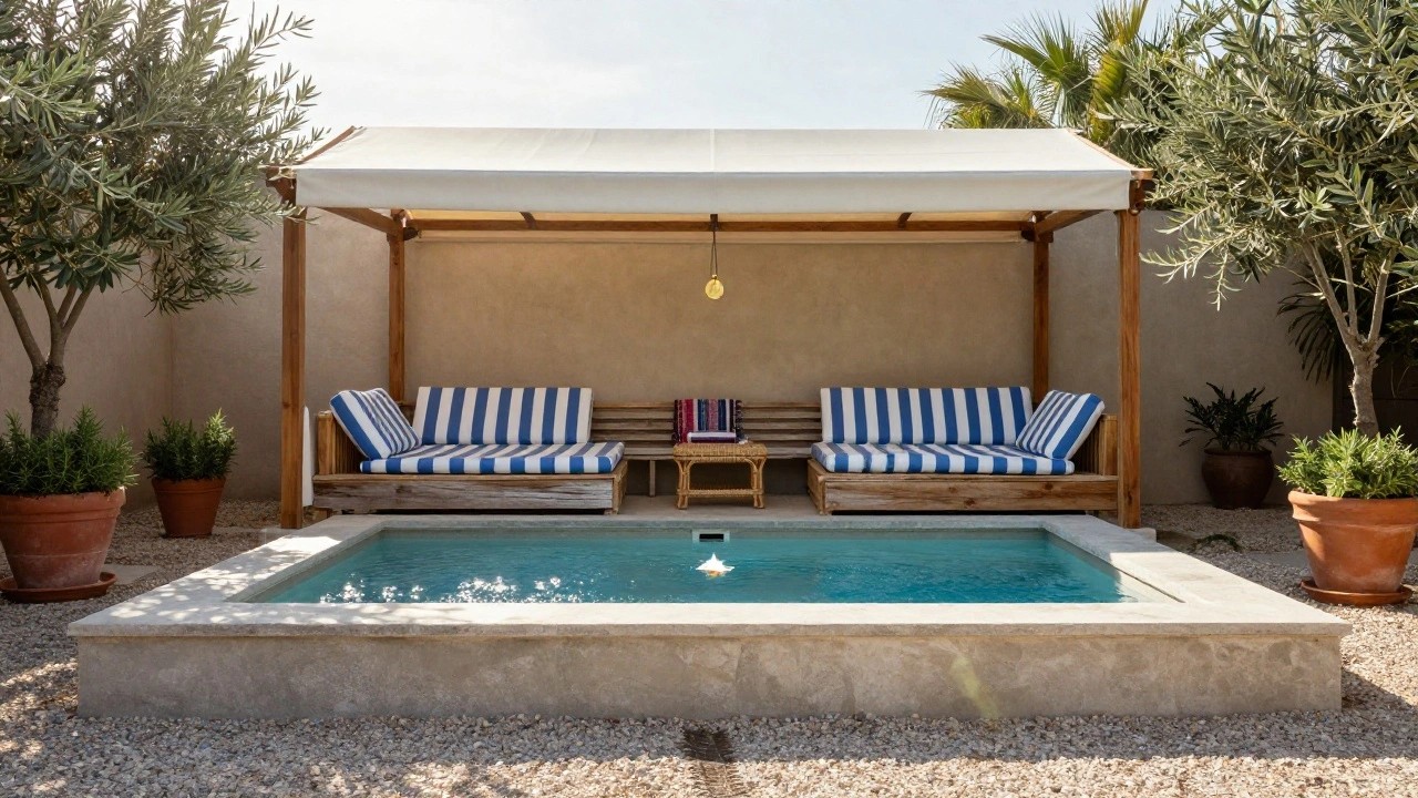 Wooden pergola with beige retractable shade fabric over two blue-and-white striped lounge chairs next to an infinity-edge pool, with potted olive trees and plants nearby.