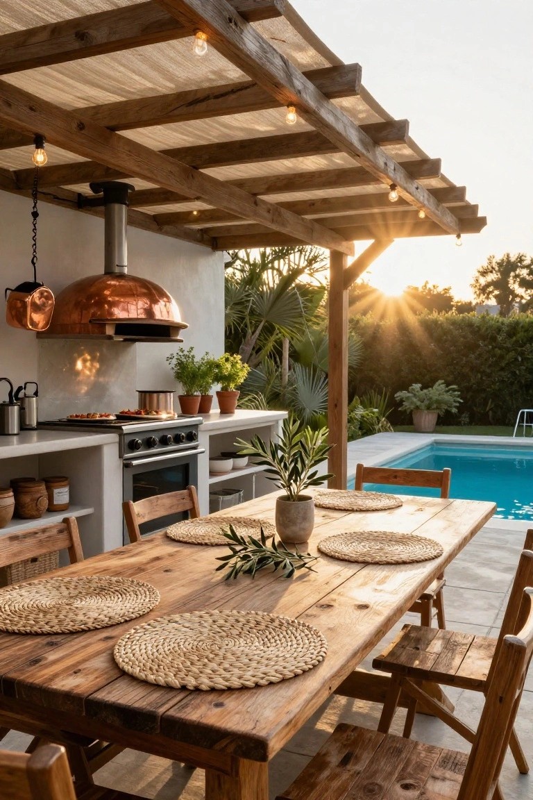 20 Practical Pool Shade Canopy Ideas For Hot Summer Days Wooden pergola with translucent shade cloth covering an outdoor kitchen area featuring a copper pizza oven, stove, potted plants, wooden dining table with placemats, chairs, and an adjacent turquoise swimming pool.