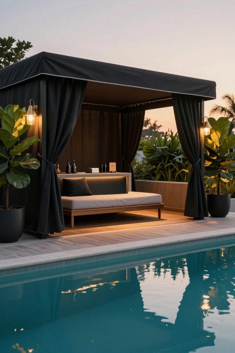 20 Practical Pool Shade Canopy Ideas For Hot Summer Days Black-curtained cabana with wooden daybed, side table holding bottles, potted plants, lanterns, and swimming pool at dusk.