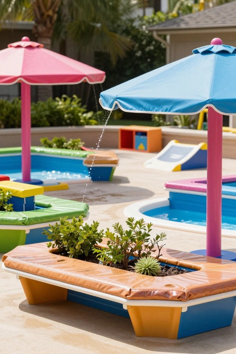20 Practical Pool Shade Canopy Ideas For Hot Summer Days Colorful outdoor splash pad area with pink and blue cantilever umbrellas over small blue pools, yellow benches, green plant-filled containers, and surrounding palm trees.