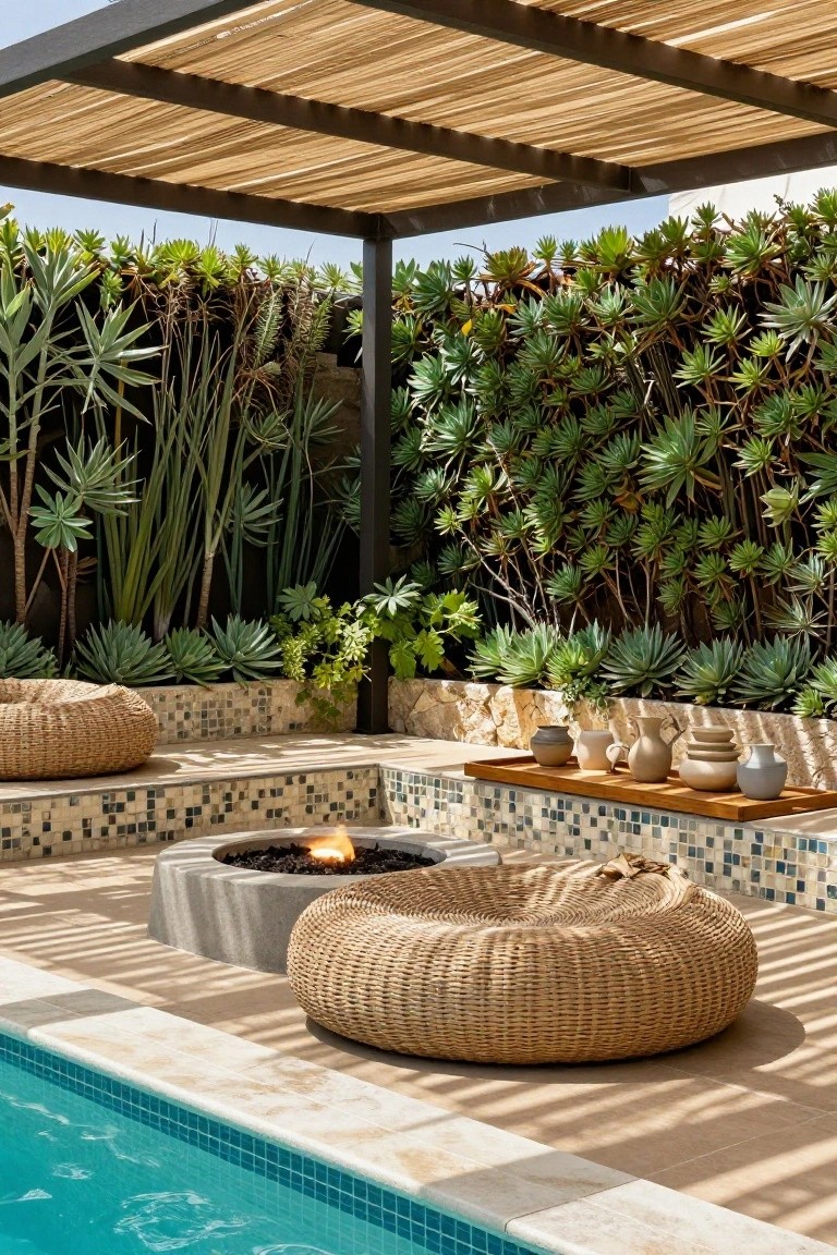 20 Practical Pool Shade Canopy Ideas For Hot Summer Days Poolside outdoor lounge under a black metal pergola with golden thatch roof, featuring wicker poufs, concrete fire pit with flames, wooden shelf with ceramic pots, mosaic tiled steps, and dense succulent plantings beside a blue pool.