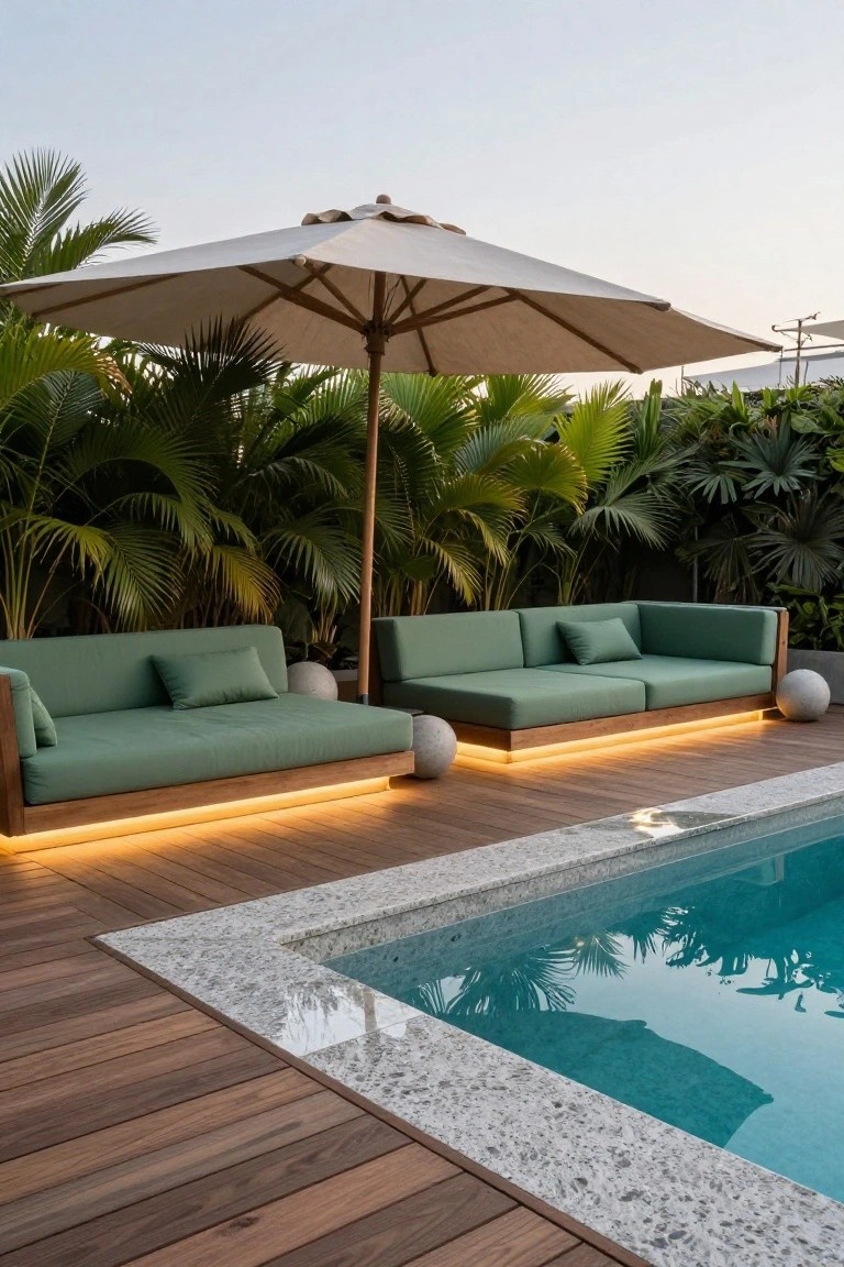 20 Practical Pool Shade Canopy Ideas For Hot Summer Days Wooden deck beside a pool with light gray marble edging, featuring two green modular sofas with cushions, large beige umbrella, potted spheres, and surrounding palm plants.
